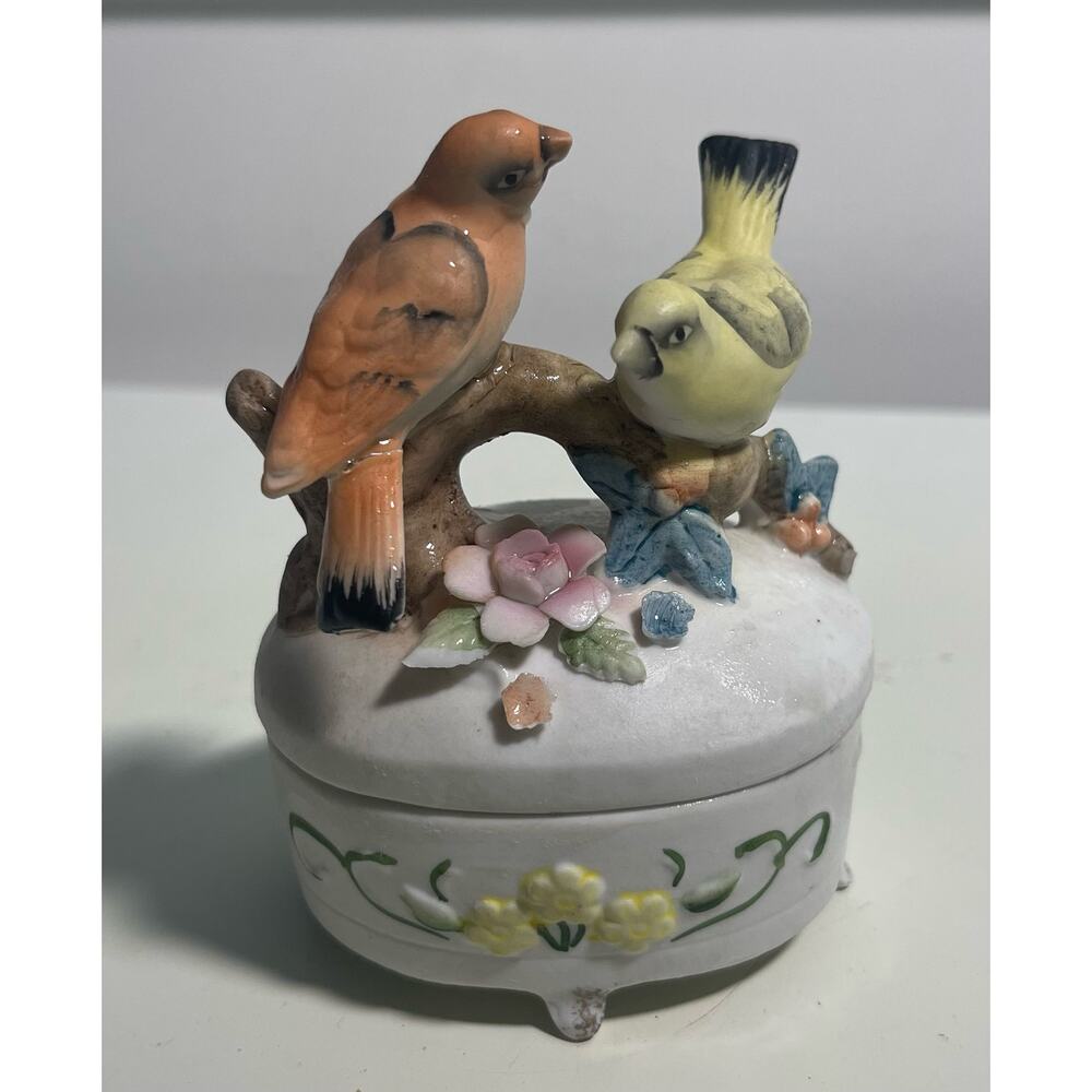 Lefton Porcelain Hand Painted Lidded Trinket Box Pink Yellow Birds On Branch